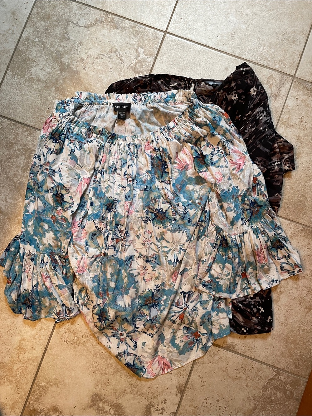 Kensie Blue Floral Off-Shoulder Ruffle Top